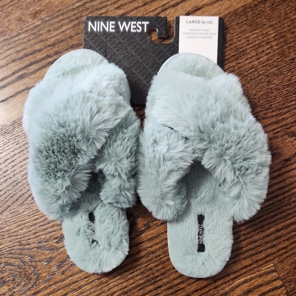 Nine West Plush Slippers in Soft Green - Picture 1 of 3